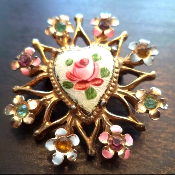 Guilloche Jewelry - VINTAGE 1940'S ESTATE RHINESTONE ENAMELED FLOWER GUILLOCHE 1 1/8" BROOCH